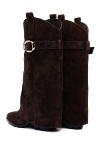 چکمه زنانه قهوه‌ای چرمی پاشنه ضخیم دری مد