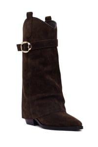 چکمه زنانه قهوه‌ای چرمی پاشنه ضخیم دری مد