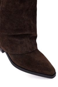 چکمه زنانه قهوه‌ای چرمی پاشنه ضخیم دری مد