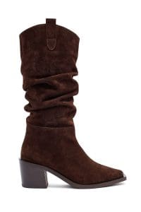 چکمه زنانه قهوه‌ای چرمی پاشنه ضخیم کابوی دری مد