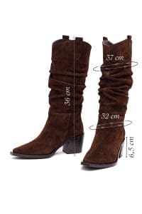 چکمه زنانه قهوه‌ای چرمی پاشنه ضخیم کابوی دری مد