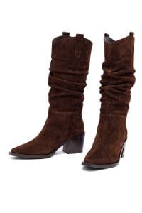 چکمه زنانه قهوه‌ای چرمی پاشنه ضخیم کابوی دری مد