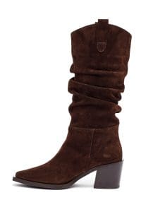 چکمه زنانه قهوه‌ای چرمی پاشنه ضخیم کابوی دری مد