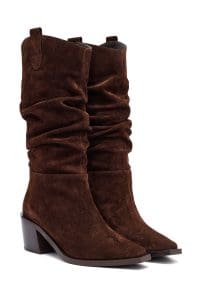 چکمه زنانه قهوه‌ای چرمی پاشنه ضخیم کابوی دری مد