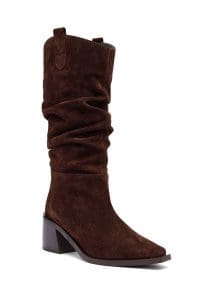 چکمه زنانه قهوه‌ای چرمی پاشنه ضخیم کابوی دری مد