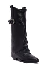 چکمه زنانه مشکی چرمی بنددار پاشنه ضخیم دری مد