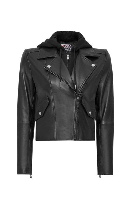 کت چرمی زنانه مشکی بایکر کلاه دار Smart دری مد