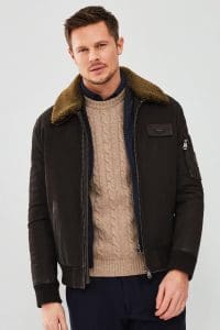 کت چرمی مردانه قهوه‌ای یقه‌دار خزدار خلبانی Falcon دری مد