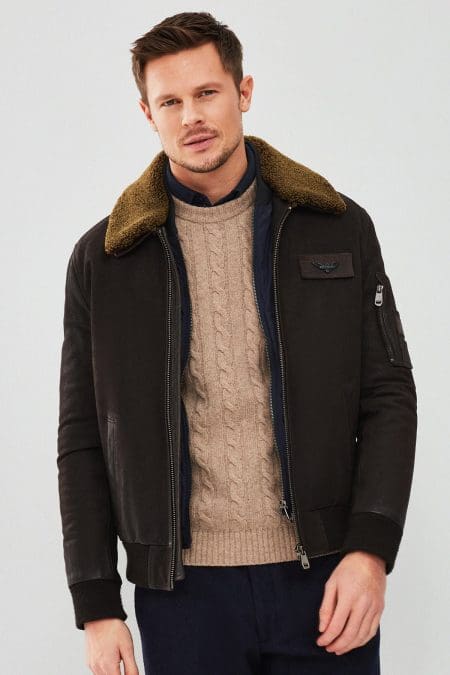 کت چرمی مردانه قهوه‌ای یقه‌دار خزدار خلبانی Falcon دری مد