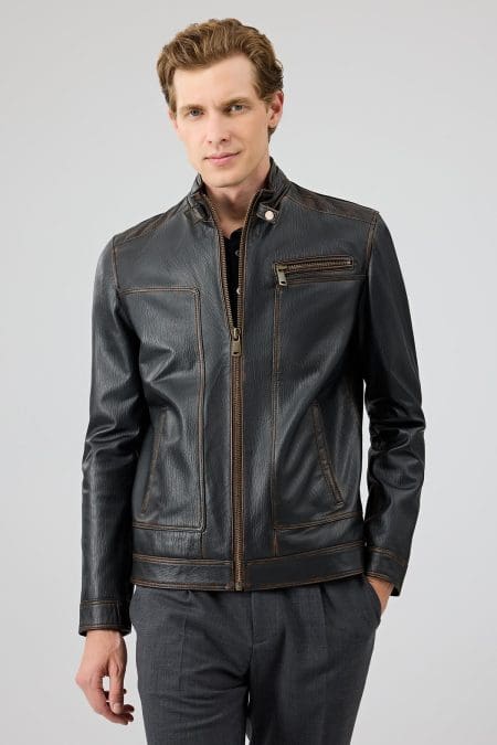 کت چرمی مردانه مشکی یقه دیپلمات وینتیج Felibe دری مد