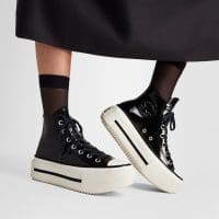 کتونی کانورس آل استار Chuck Taylor All Star Lift Double Stack لژدار چرم مشکی مردانه و زنانه اورجینال