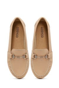 کفش لوفر زنانه بژ چرمی بنددار دری مد