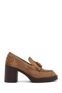 کفش لوفر زنانه خاکی جیر پاشنه ضخیم دری مد