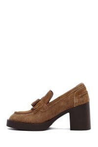 کفش لوفر زنانه خاکی جیر پاشنه ضخیم دری مد