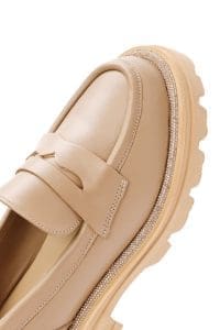 کفش لوفر زنانه خاکی پاشنه ضخیم چرمی دری مد