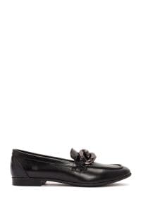 کفش لوفر زنانه مشکی چرمی با اکسسوری دری مد