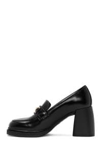 کفش لوفر زنانه مشکی چرمی با تکه‌های پاشنه بلند دری مد