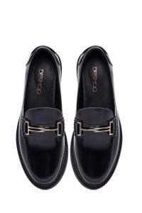 کفش لوفر زنانه مشکی چرمی بنددار دری مد