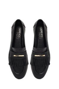 کفش لوفر زنانه مشکی چرمی بنددار دری مد