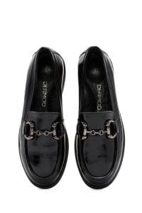 کفش لوفر زنانه مشکی چرمی بنددار راحتی دری مد