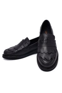 کفش لوفر زنانه مشکی چرمی ریشه‌دار دری مد