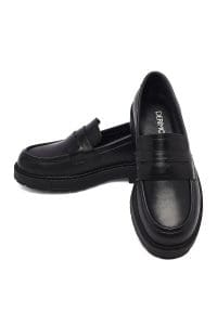 کفش لوفر زنانه مشکی چرمی پاشنه ضخیم دری مد