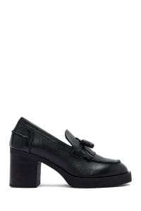 کفش لوفر زنانه مشکی چرمی پاشنه ضخیم دری مد