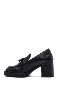 کفش لوفر زنانه مشکی چرمی پاشنه ضخیم دری مد