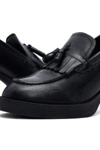 کفش لوفر زنانه مشکی چرمی پاشنه ضخیم دری مد