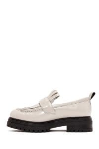 کفش لوفر زنانه کرم چرمی پاشنه لژدار دری مد