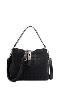 کیف زنانه دستی کلاسیک مشکی بند بلند چاپ‌دار دری مد