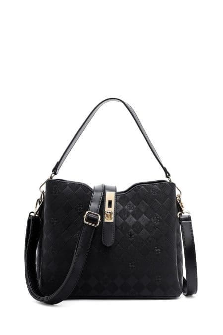 کیف زنانه دستی کلاسیک مشکی بند بلند چاپ‌دار دری مد