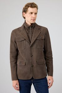 کاپشن چرمی مردانه قهوه‌ای نبوک Sacramento دری مد