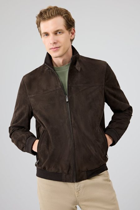 کت چرم جیر یقه قهوه ای مردانه Marcelo دری مد