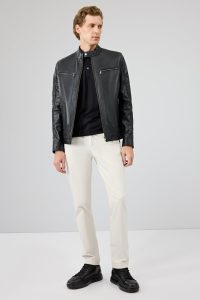 کت چرم یقه استند مشکی مردانه پاتریک دری مد