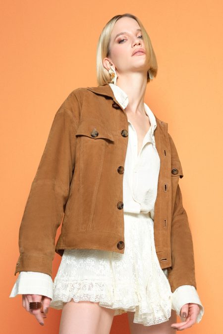 کت چرمی زنانه شتری جیر Valenza دری مد