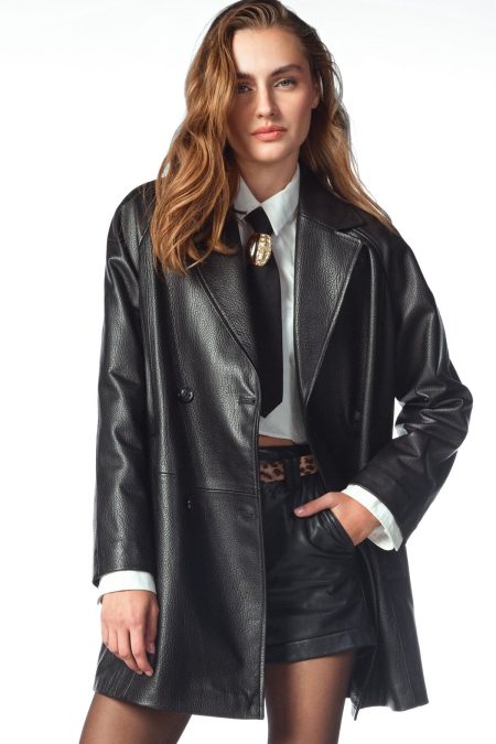 کت چرمی زنانه مشکی یقه کرواتی بلند Wendy دری مد