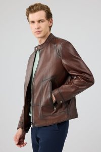 کت چرمی مردانه قهوه‌ای یقه دیپلمات King دری مد