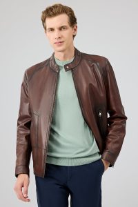 کت چرمی مردانه قهوه‌ای یقه دیپلمات King دری مد