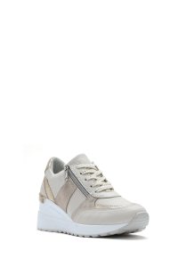 کتونی زنانه بژ پاشنه بلند با زیپ کناری چرم دری مد