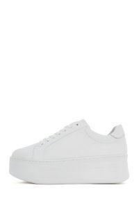 کتونی زنونه چرم سفید بنددار با زیره ضخیم دری مد