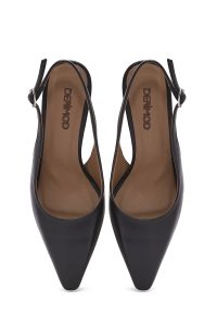 کفش زنانه پشت باز بنددار پاشنه‌دار چرم مشکی دری مد