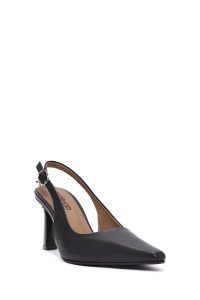 کفش زنانه پشت باز بنددار پاشنه‌دار چرم مشکی دری مد