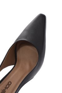 کفش زنانه پشت باز بنددار پاشنه‌دار چرم مشکی دری مد