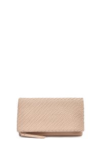 کیف کلاچ زنانه قهوه‌ای بند بلند زنجیری بافتی دری مد