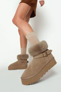 بوت تدی جیر زنانه بژ زیره ضخیم خزدار دری‌مد