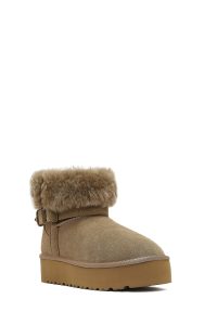 بوت تدی جیر زنانه بژ زیره ضخیم خزدار دری‌مد