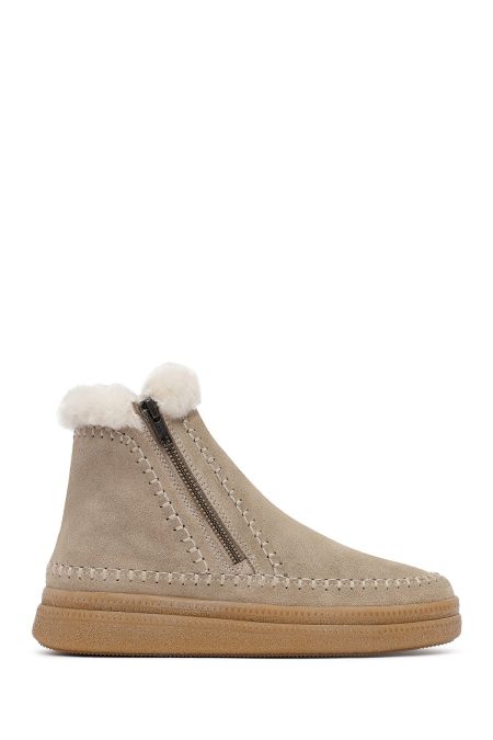 بوت تدی جیر زنانه بژ زیپ‌دار زیره ضخیم دری‌مد