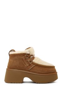 بوت تدی جیر زنانه قهوه‌ای بندی زیره ضخیم خزدار دری‌مد