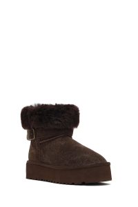 بوت تدی جیر زنانه قهوه‌ای زیره ضخیم خزدار دری‌مد